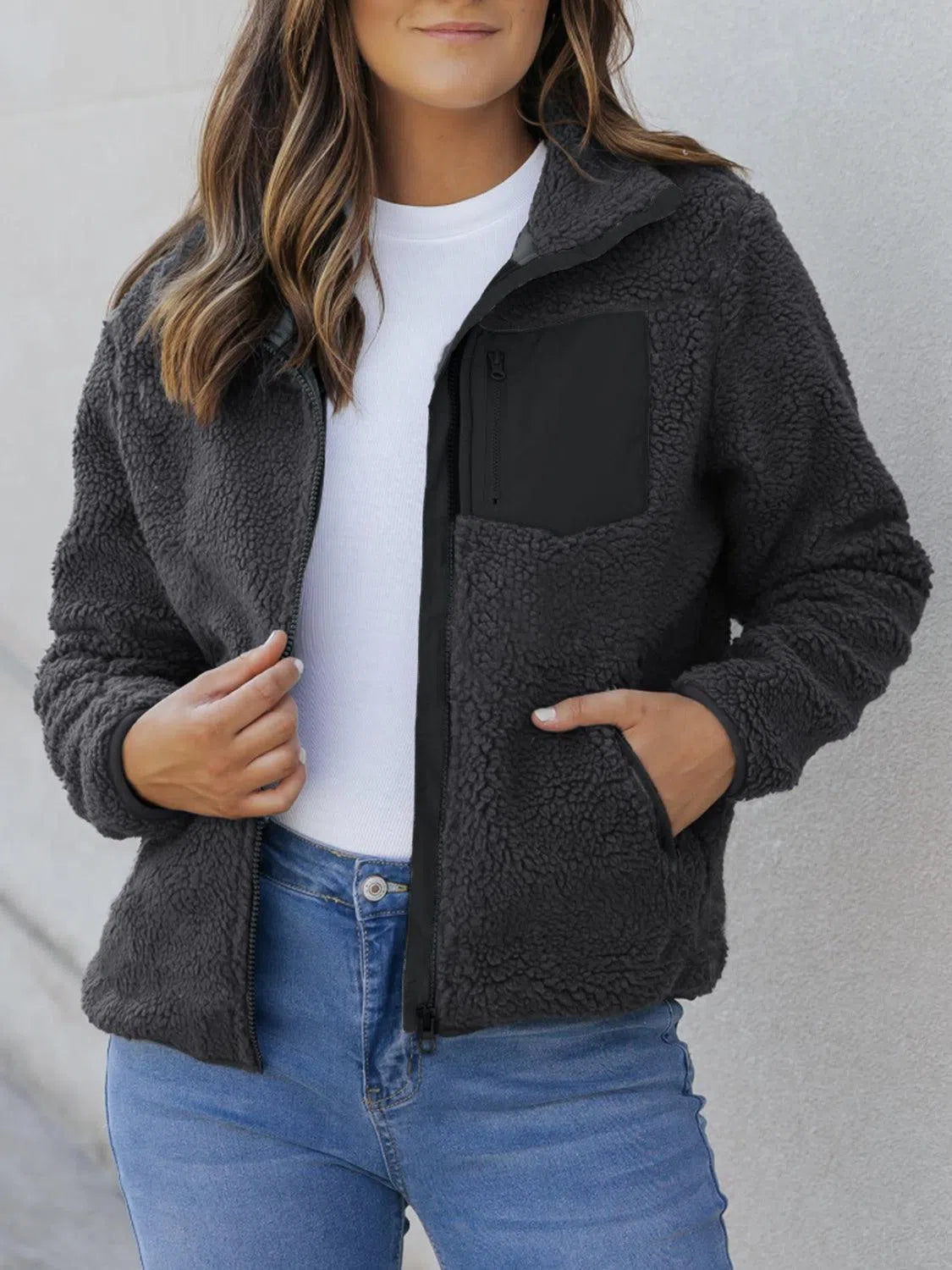 Zip Up Long Sleeve Plush Jacket – Cozy & Stylish, [Evelyns Fashion]