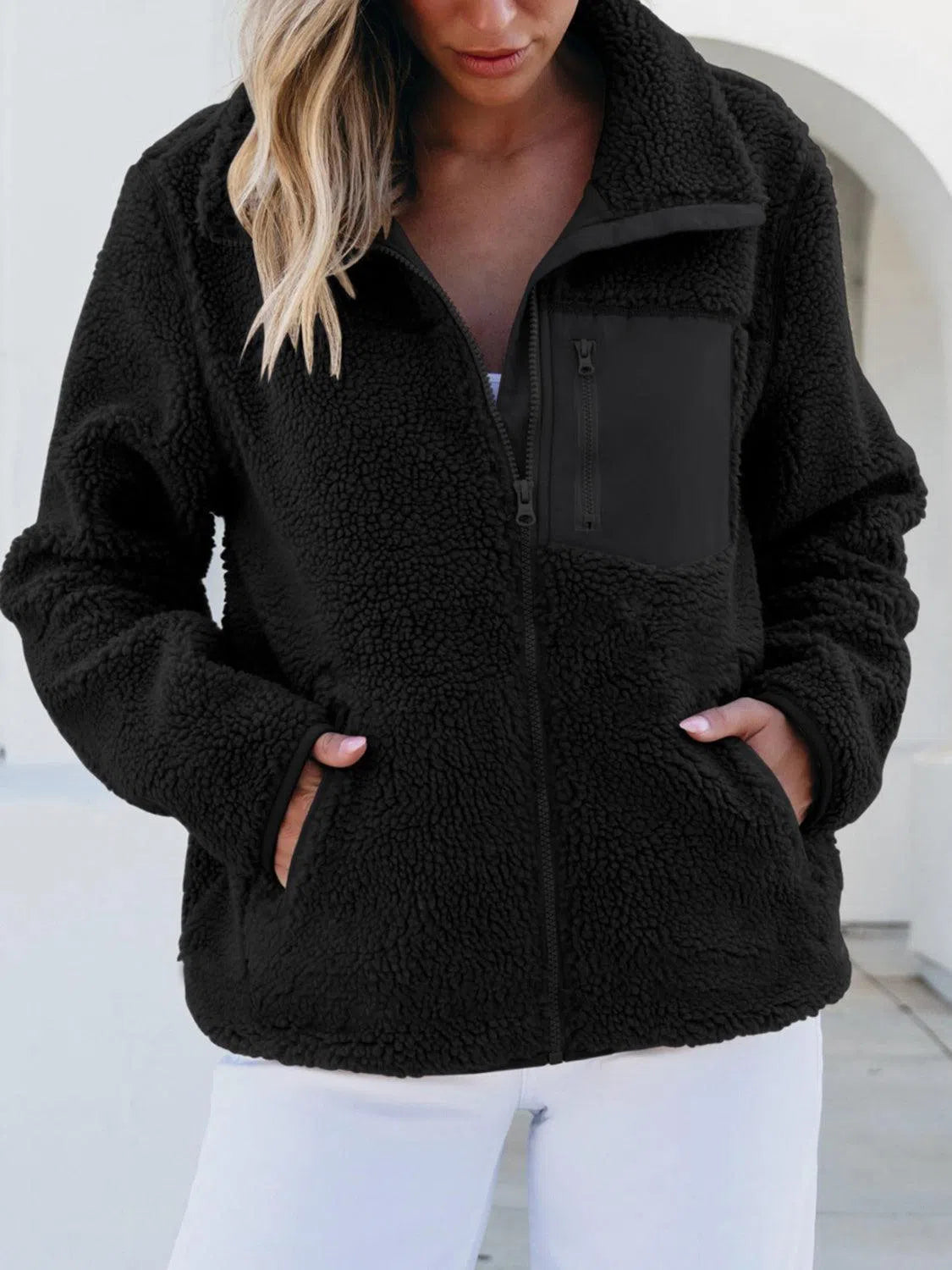 Zip Up Long Sleeve Plush Jacket – Cozy & Stylish, [Evelyns Fashion]