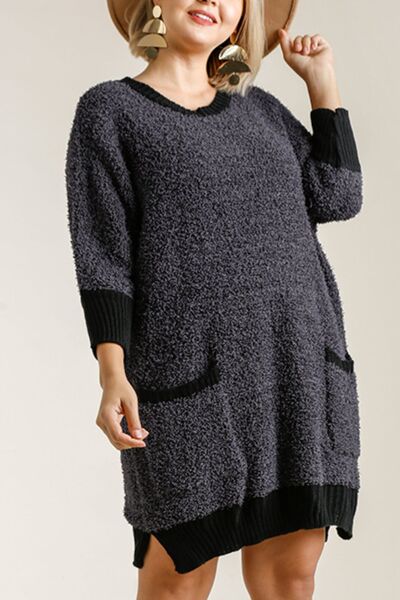 Umgee Plus Size 3/4 Sleeve Sweater Dress – Round Neck & Pockets, [Evelyns Fashion]