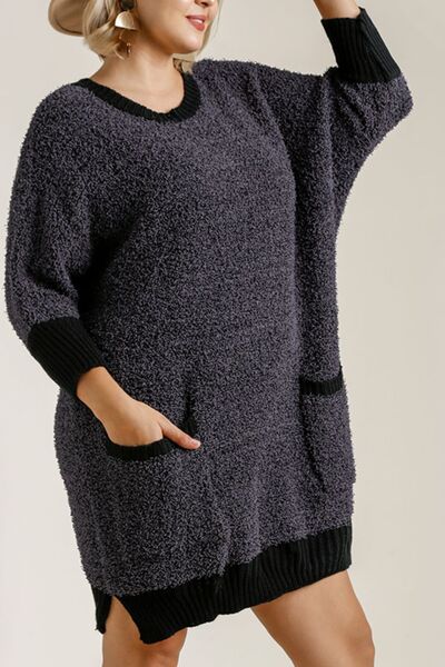 Umgee Plus Size 3/4 Sleeve Sweater Dress – Round Neck & Pockets, [Evelyns Fashion]