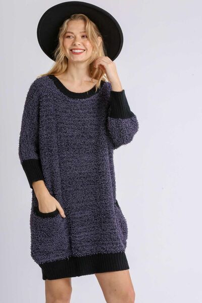 Umgee Plus Size 3/4 Sleeve Sweater Dress – Round Neck & Pockets, [Evelyns Fashion]