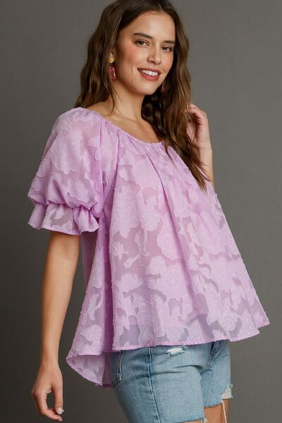 Umgee Plus Size Jacquard Blouse – Ruffled Puff Sleeves & Chic Round Neck, [Evelyns Fashion]