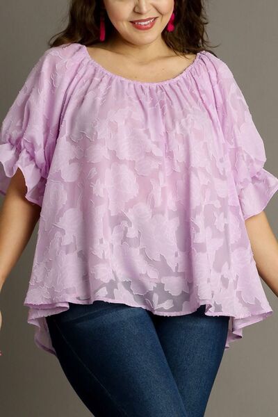 Umgee Plus Size Jacquard Blouse – Ruffled Puff Sleeves & Chic Round Neck, [Evelyns Fashion]