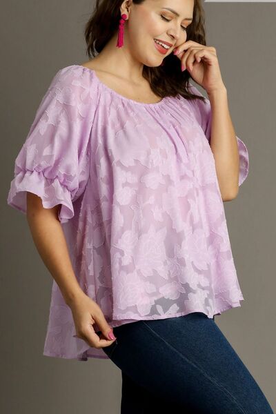 Umgee Plus Size Jacquard Blouse – Ruffled Puff Sleeves & Chic Round Neck, [Evelyns Fashion]