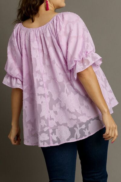 Umgee Plus Size Jacquard Blouse – Ruffled Puff Sleeves & Chic Round Neck, [Evelyns Fashion]