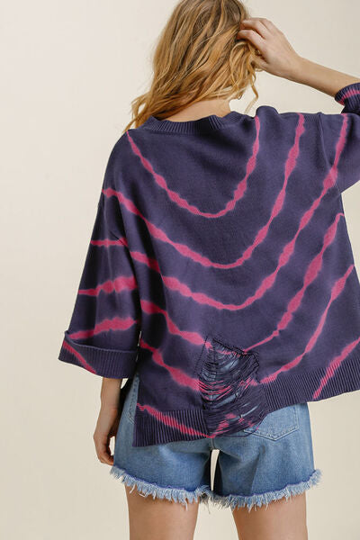 Umgee Plus Size Tie-Dye Distressed Sweater – Cozy Knit with Side Slits, [Evelyns Fashion]