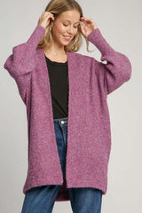 Umgee Plus Size Wool Blend Cardigan – Open Front & Lantern Sleeves, [Evelyns Fashion]