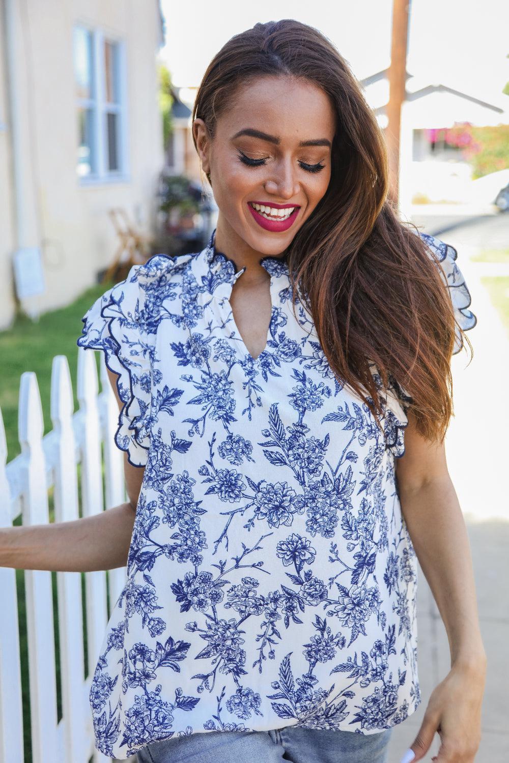 Navy/Ivory Embroidered Blouse – Ruffle Sleeve Notch Neck Top, [Evelyns Fashion]