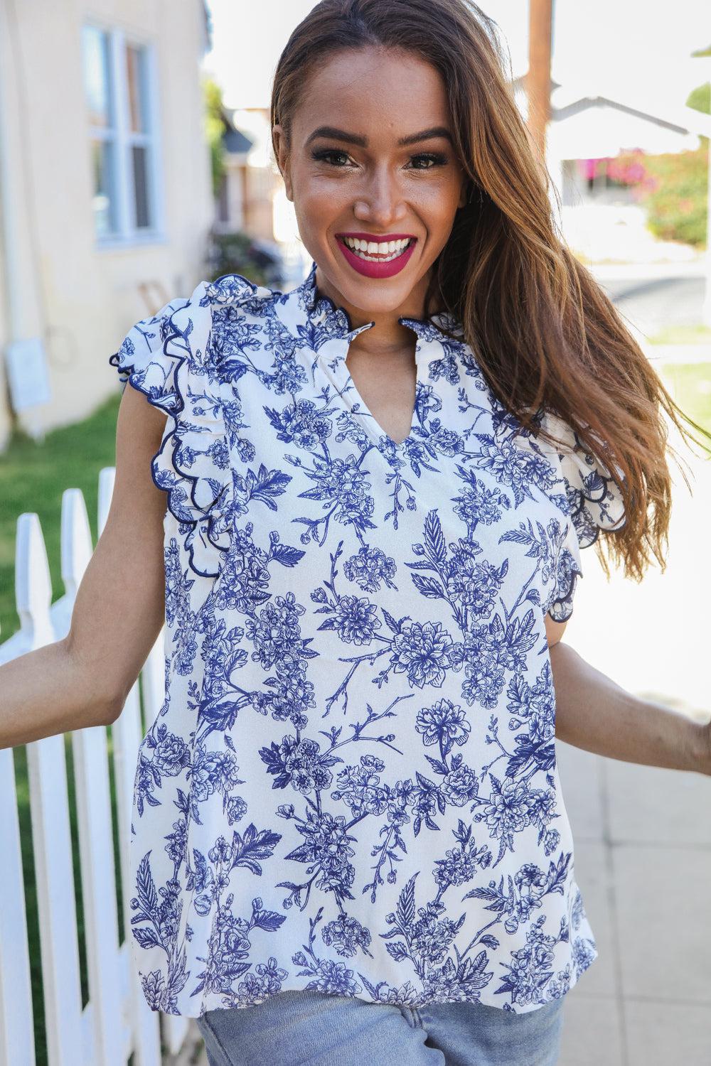 Navy/Ivory Embroidered Blouse – Ruffle Sleeve Notch Neck Top, [Evelyns Fashion]