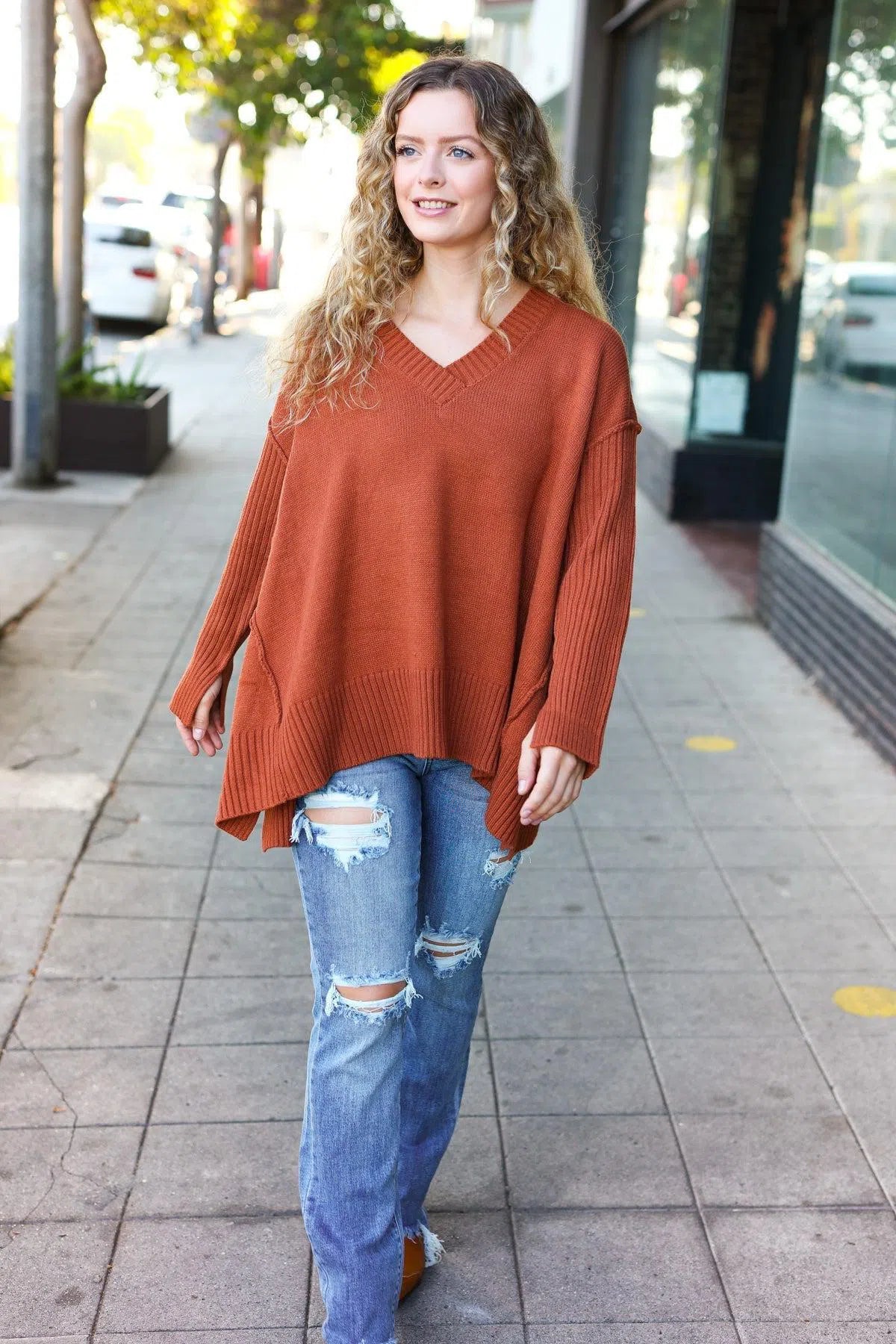 Rust V-Neck Rib Knit Sweater – Chic & Comfortable Knitwear, [Evelyns Fashion]