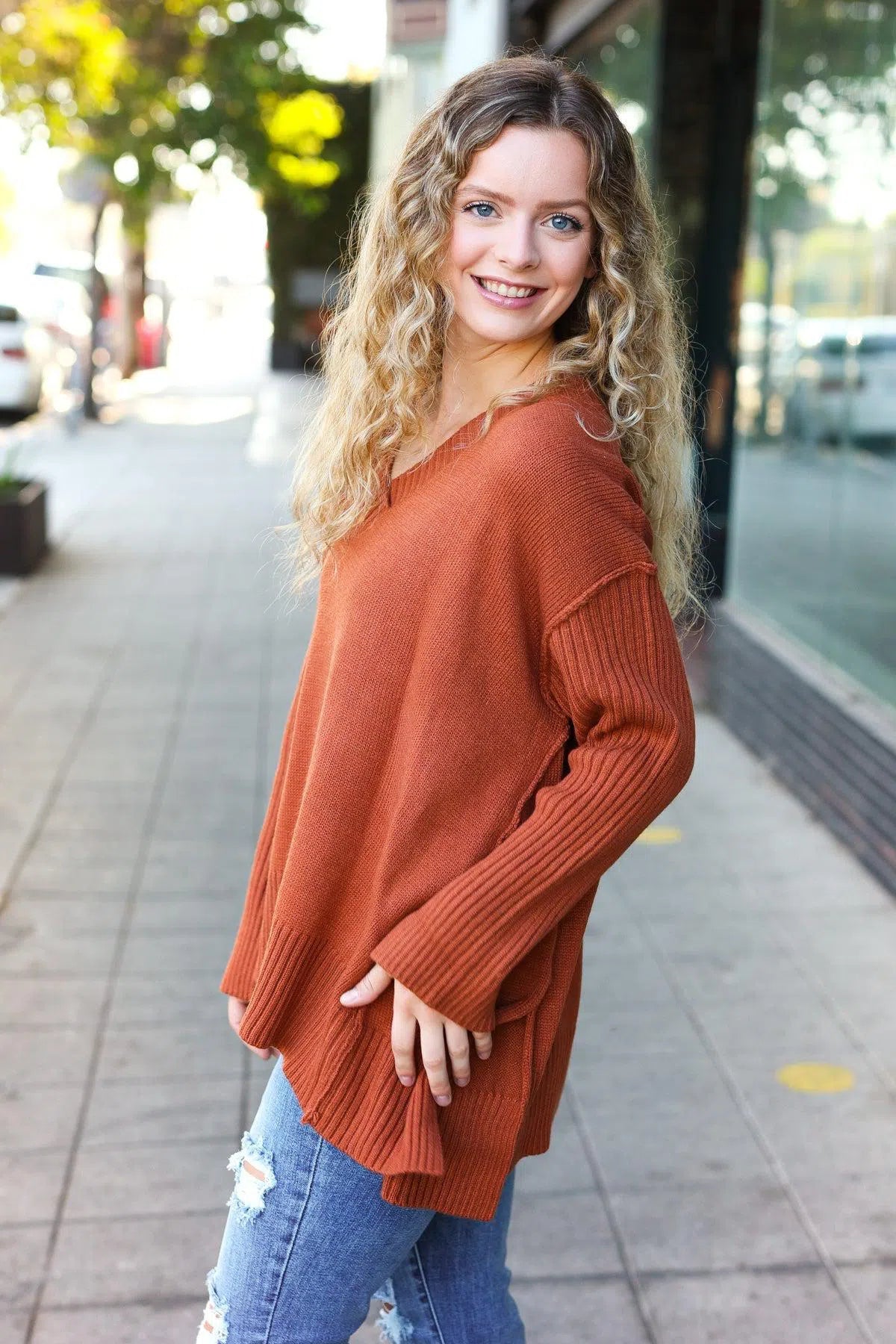 Rust V-Neck Rib Knit Sweater – Chic & Comfortable Knitwear, [Evelyns Fashion]