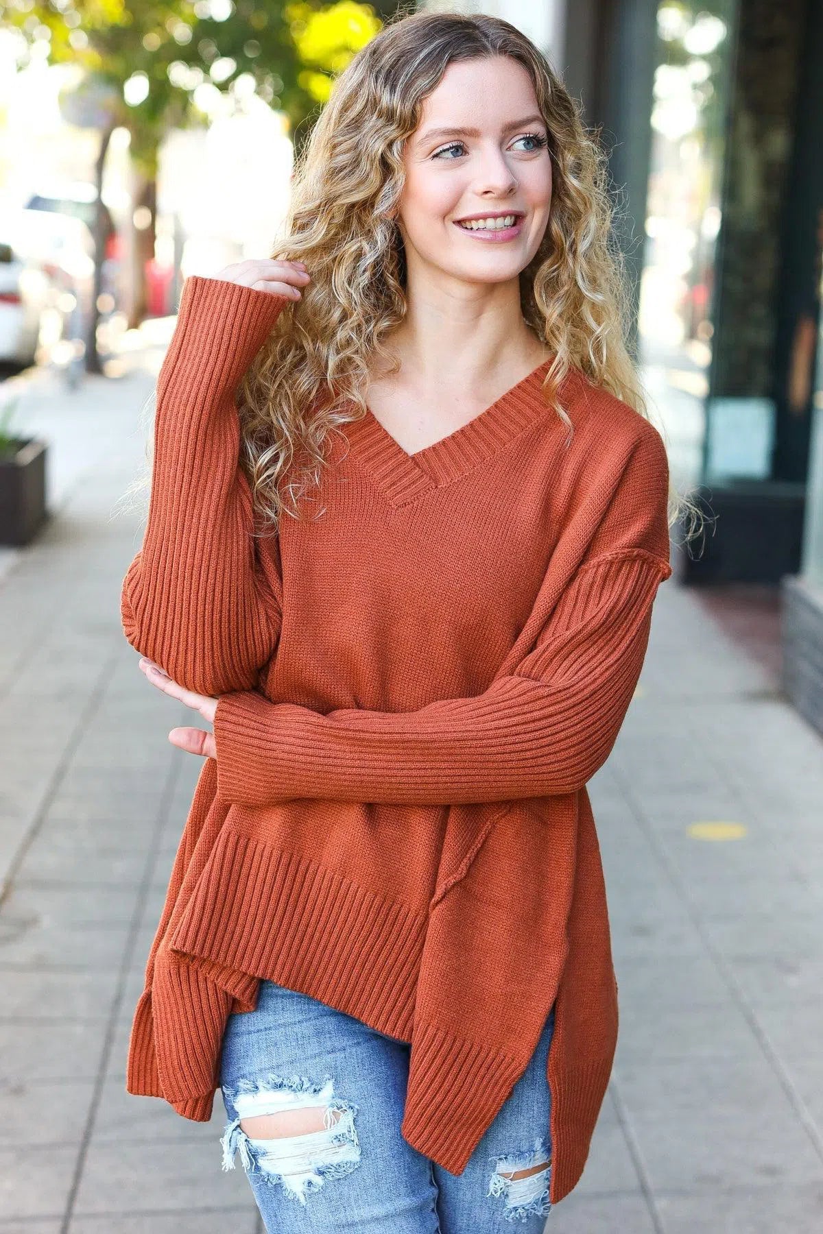 Rust V-Neck Rib Knit Sweater – Chic & Comfortable Knitwear, [Evelyns Fashion]