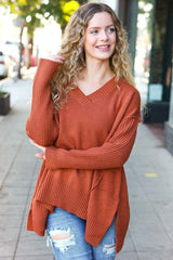 Rust V-Neck Rib Knit Sweater – Chic & Comfortable Knitwear, [Evelyns Fashion]