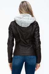 MI Faux Layered Double-Zipper Jacket with Fuzzy Hood – Cozy & Stylish, [Evelyns Fashion]