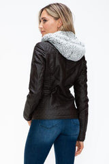 MI Faux Layered Double-Zipper Jacket with Fuzzy Hood – Cozy & Stylish, [Evelyns Fashion]