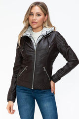 MI Faux Layered Double-Zipper Jacket with Fuzzy Hood – Cozy & Stylish, [Evelyns Fashion]