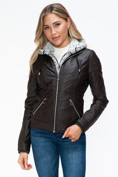 MI Faux Layered Double-Zipper Jacket with Fuzzy Hood – Cozy & Stylish, [Evelyns Fashion]