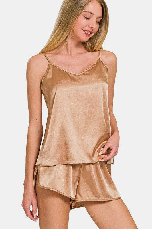 Zenana V-Neck Satin Cami & Lounge Shorts Set – Chic & Silky Sleepwear, [Evelyns Fashion]