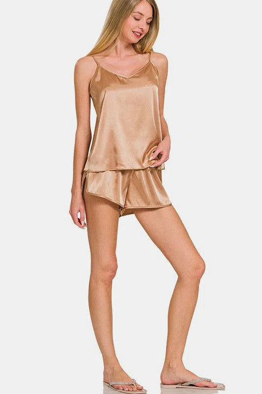 Zenana V-Neck Satin Cami & Lounge Shorts Set – Chic & Silky Sleepwear, [Evelyns Fashion]